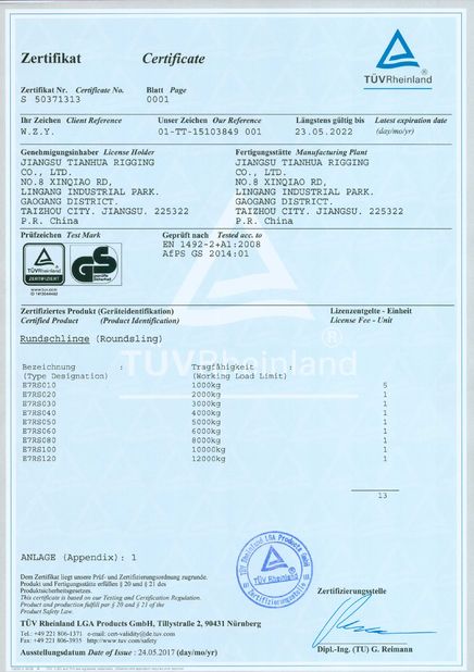 China JiangSu Tianhua Rigging Co., Ltd certificaten